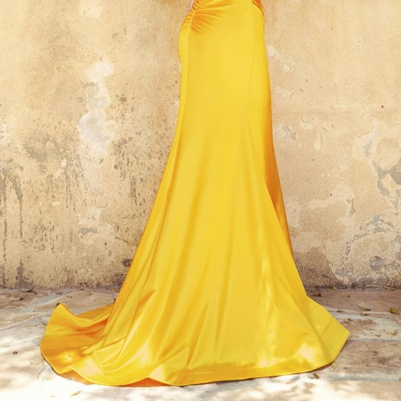 Marigold Fitted stretch gathered waistband SHEATH SATIN PARTY DRESS CD236 - Picture 2 of 6